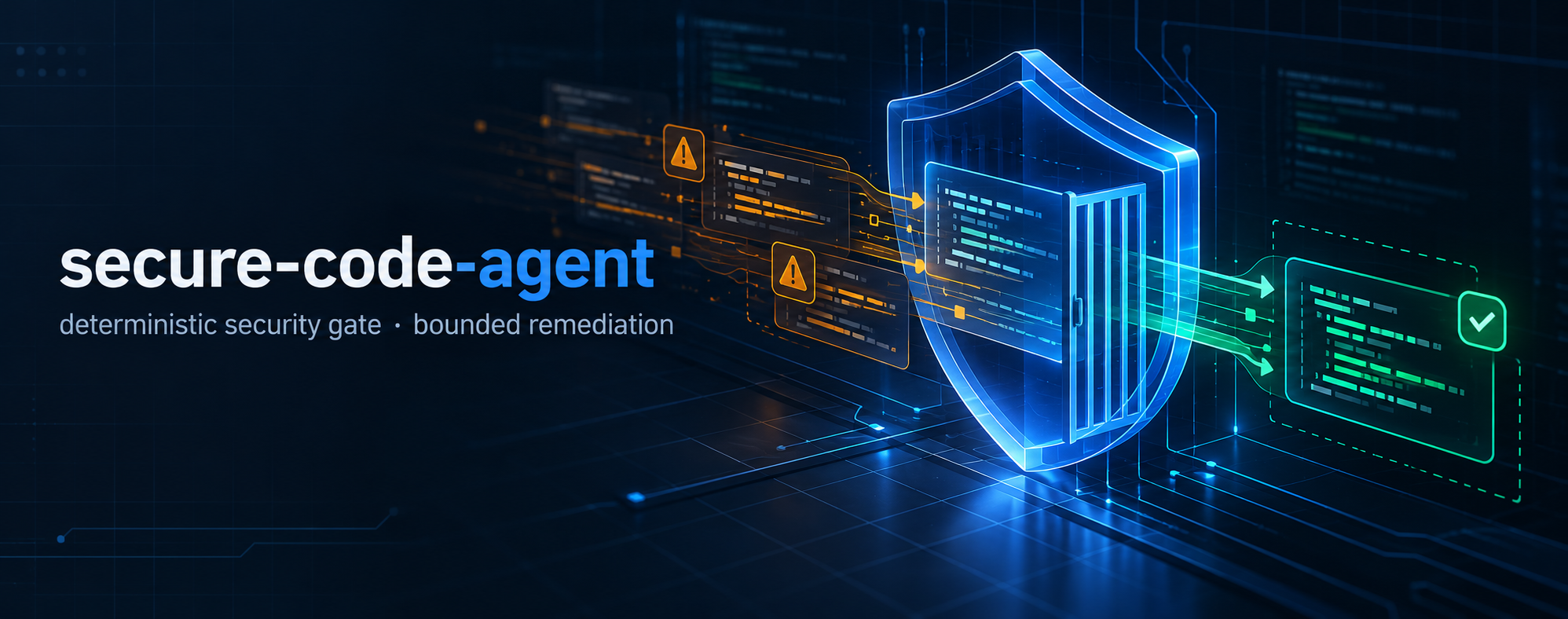 secure-code-agent: deterministic security gate, bounded remediation. A shield takes in code flagged with warnings and passes out code marked with a check.